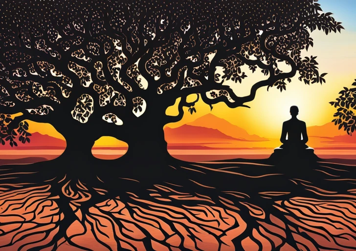 An image of a serene elderly figure, meditating under an ancient, sprawling tree, with a soft sunset in the background, casting long shadows
