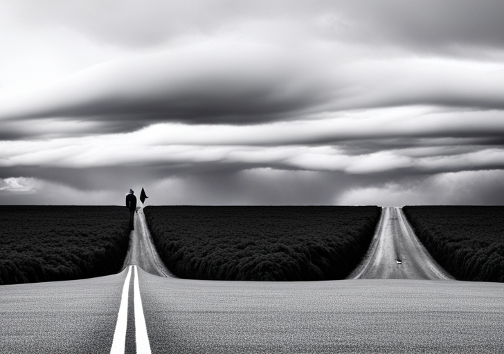 Cale image of a man at a crossroads, one path leading to a serene meadow, the other to a stormy forest, with a weighing scale in his hand, balancing a heart and a brain