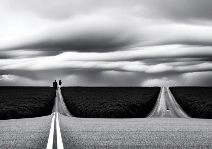 Cale image of a man at a crossroads, one path leading to a serene meadow, the other to a stormy forest, with a weighing scale in his hand, balancing a heart and a brain