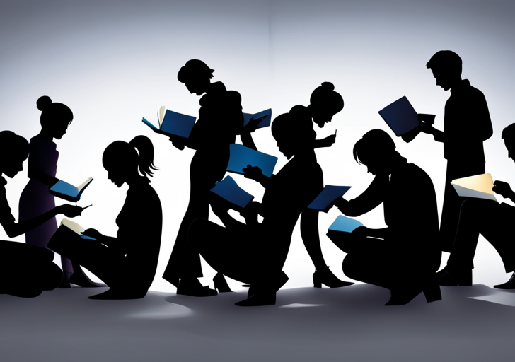 An image of diverse people's silhouettes, each person holding a glowing storybook, their expressions illuminated, engrossed and emotionally connected to the open book's glow