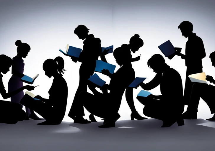 An image of diverse people's silhouettes, each person holding a glowing storybook, their expressions illuminated, engrossed and emotionally connected to the open book's glow