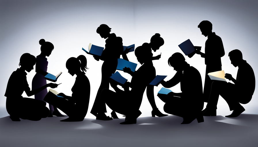 An image of diverse people's silhouettes, each person holding a glowing storybook, their expressions illuminated, engrossed and emotionally connected to the open book's glow