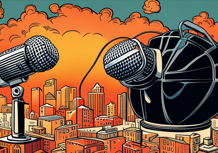Ate a large, vintage microphone transforming into a vibrant, twisting storybook, with characters and scenes emerging, symbolizing the narrative voice shaping a story