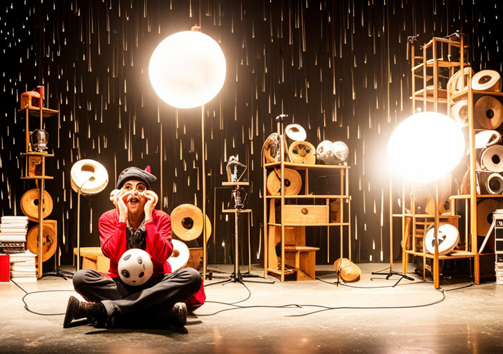 Split stage with one side featuring a jester juggling balls under a spotlight, and the other side a weeping mask under a rain cloud, both surrounded by film reels and a playwright's quill