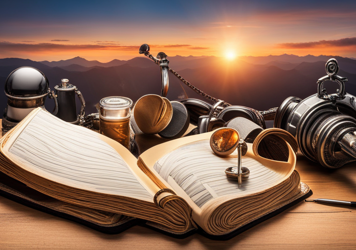 N open journal surrounded by a sunrise, a coffee cup, fitness equipment, a small globe, and a heart-shaped locket, illustrating daily topics for journaling