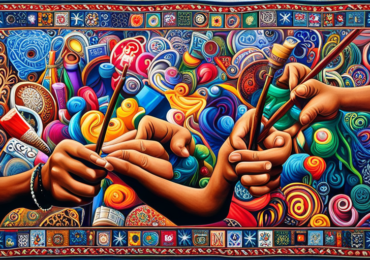 Ist's hand holding a paintbrush, weaving a canvas filled with diverse symbols, protest signs, peace doves, broken chains, and social media icons, all blending into a colorful social commentary tapestry