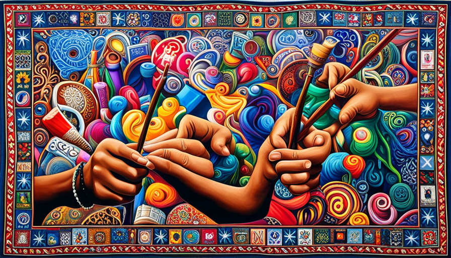 Ist's hand holding a paintbrush, weaving a canvas filled with diverse symbols, protest signs, peace doves, broken chains, and social media icons, all blending into a colorful social commentary tapestry