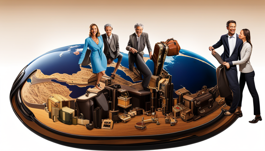 An image featuring diverse individuals with suitcases, from a business executive, a backpacker, a retired couple to a family on vacation, all standing on a stylized globe