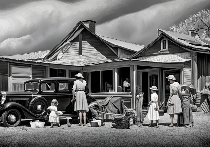 Scale image depicting a 1930s family outside a modest farmhouse, with father working the land, mother hanging laundry, children playing and a vintage car nearby, symbolizing hope in adversity