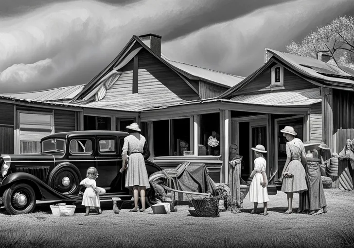 Scale image depicting a 1930s family outside a modest farmhouse, with father working the land, mother hanging laundry, children playing and a vintage car nearby, symbolizing hope in adversity