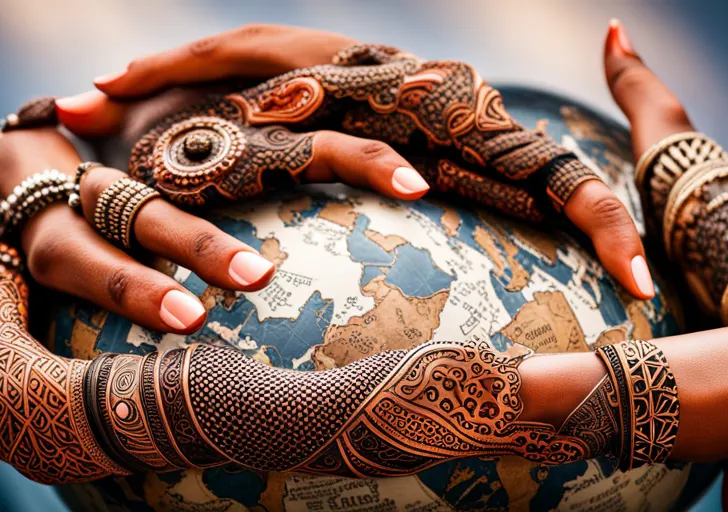 Ge of diverse hands intertwining, each adorned with cultural symbols like henna, jewelry, and traditional fabrics, over a globe showing all continents