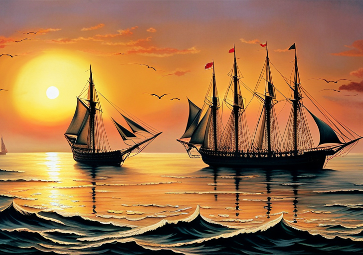 A vintage image presenting a 17th-century ship approaching the American coast, with hopeful immigrants on deck, under a sunrise symbolizing the start of the American Dream