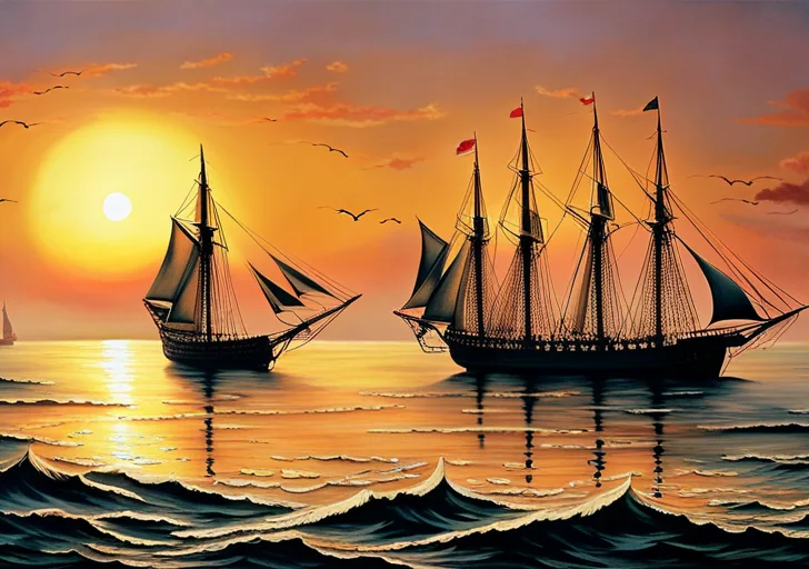 A vintage image presenting a 17th-century ship approaching the American coast, with hopeful immigrants on deck, under a sunrise symbolizing the start of the American Dream