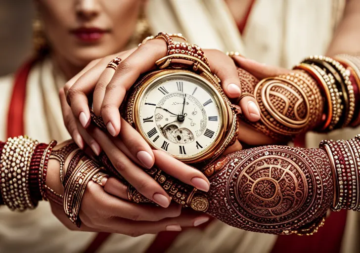 Nds, one adorned with henna and bangles, the other with a western-style watch, holding a globe showing different continents, symbolizing cultural fusion