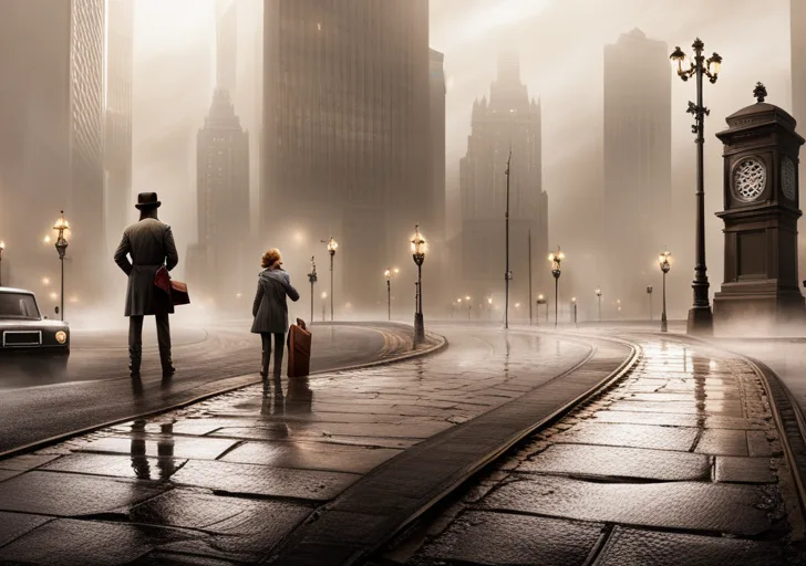  a crossroad on a foggy day, with multiple paths branching out, each marked by a different symbol: a lab flask, a paintbrush, a gavel, a stethoscope, etc