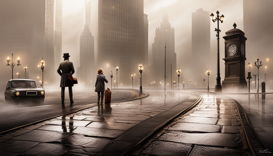 a crossroad on a foggy day, with multiple paths branching out, each marked by a different symbol: a lab flask, a paintbrush, a gavel, a stethoscope, etc