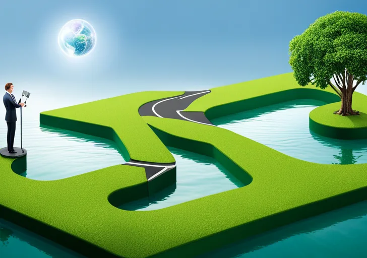 A crossroads in a lush green landscape, each path leading to symbolic icons of various careers like a stethoscope, gavel, paintbrush, circuit board, and globe