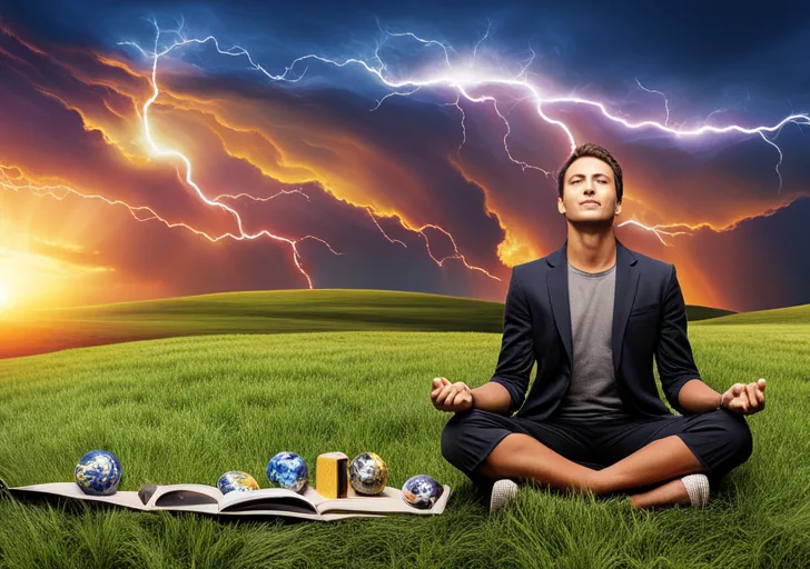 Ate a serene person meditating amidst a storm of abstract symbols, like dark clouds and lightning, symbolizing strong emotions, on a grassy hill with a vivid sunset backdrop