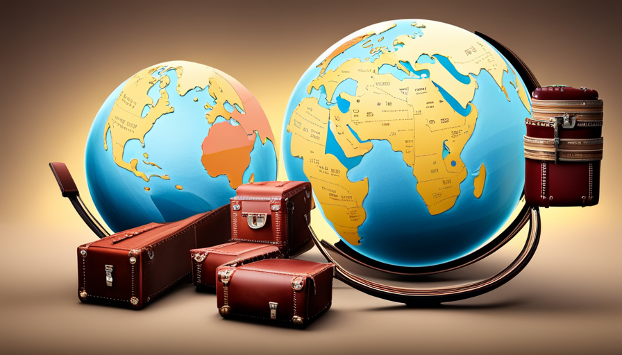 An image showing a globe, with different nations highlighted in varying shades of color, indicating amounts spent on vacation, with suitcases filled with cash at the highest spending countries