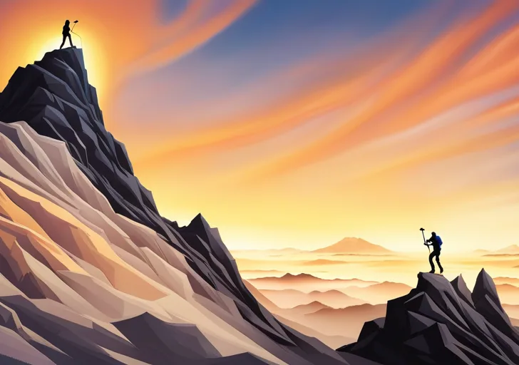  an image featuring a person climbing a tall, steep mountain against a sunrise, representing pursuit of goals