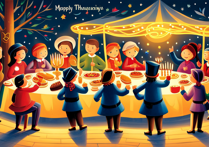 Ate a diverse group of people joyfully participating in different cultural holiday traditions: lighting a menorah, hanging lanterns, decorating a Christmas tree, dancing around a maypole, and sharing a Thanksgiving feast