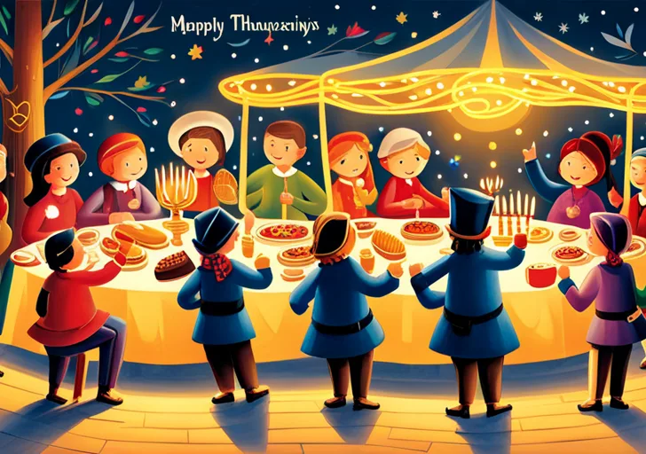 Ate a diverse group of people joyfully participating in different cultural holiday traditions: lighting a menorah, hanging lanterns, decorating a Christmas tree, dancing around a maypole, and sharing a Thanksgiving feast