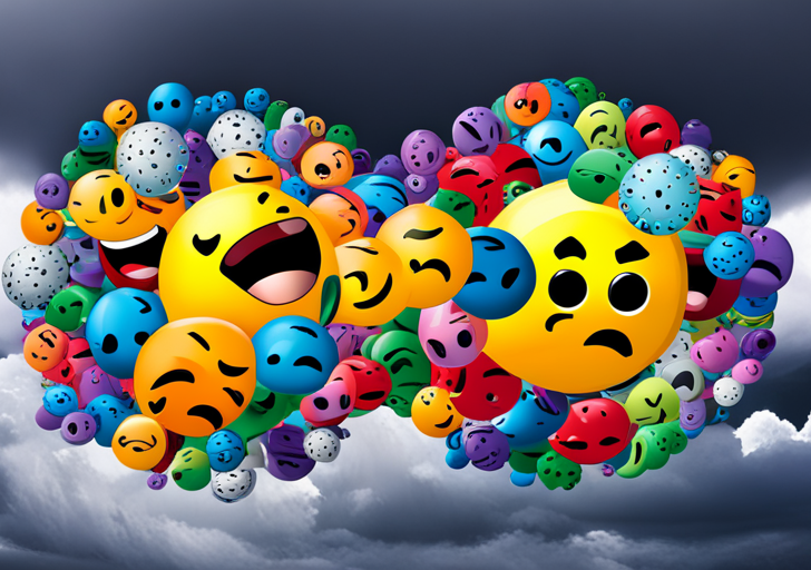 Ge of a shattered mirror, reflecting a diverse range of emoticons representing various emotions, set against a stormy, chaotic background