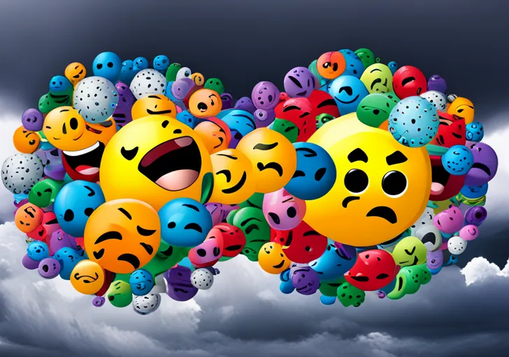 Ge of a shattered mirror, reflecting a diverse range of emoticons representing various emotions, set against a stormy, chaotic background