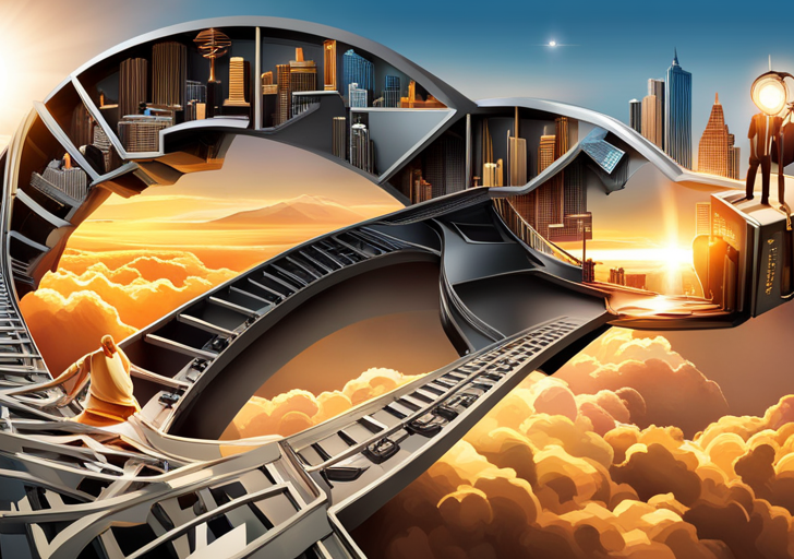  road map morphing into a ladder reaching towards a shining star, with various professional symbols like briefcase, stethoscope, graduation cap, on each rung