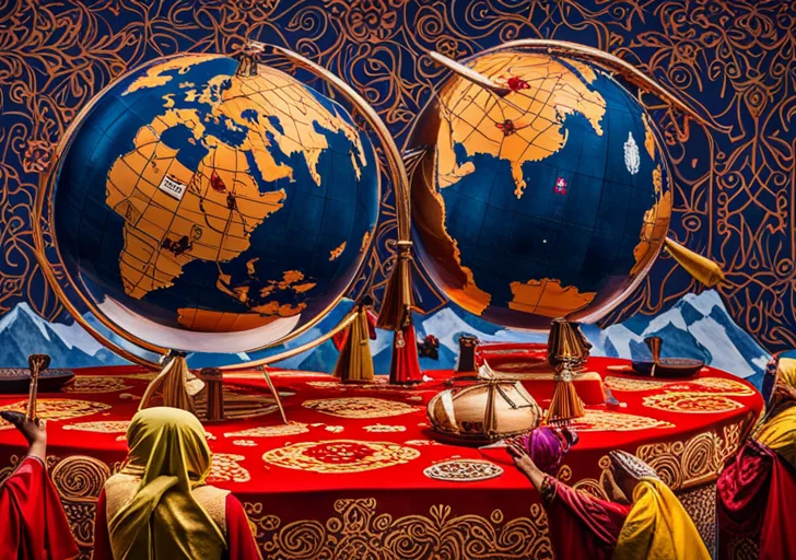 Iverse individuals participating in various cultural rituals, like tea ceremonies, dances, and traditional crafting, all within a globe symbolizing global unity and cultural understanding