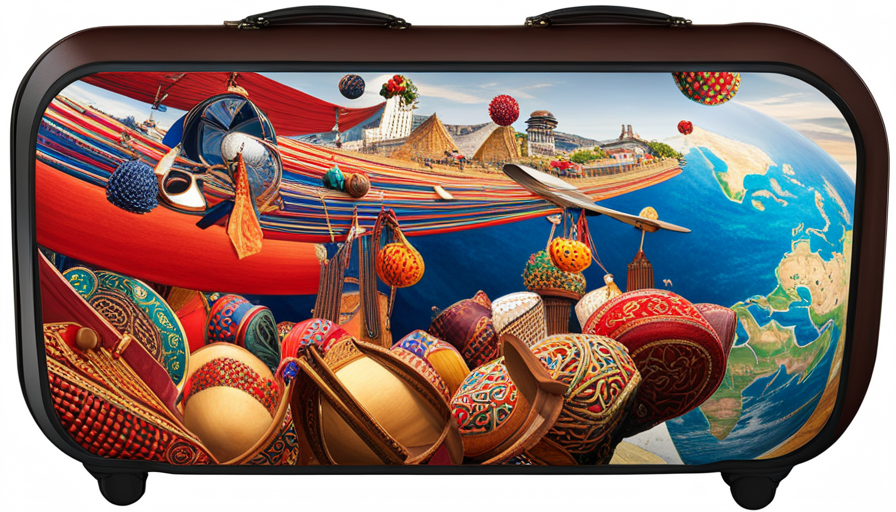 An image featuring diverse cultural symbols like a Japanese kimono, French baguette, Indian saree, and African djembe drum, within a suitcase beneath an airplane mid-flight over a globe