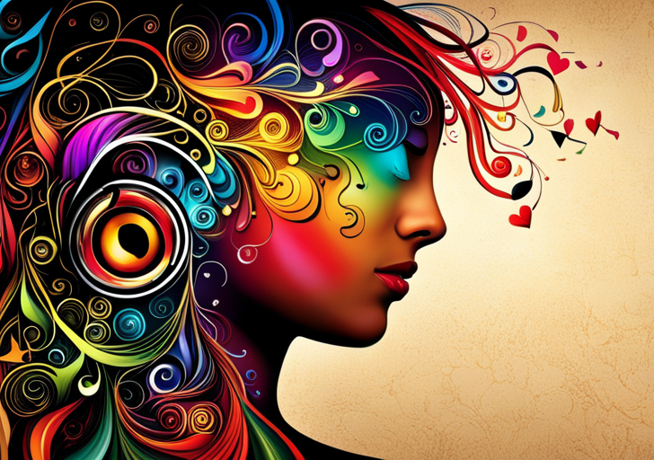 Ate a person with headphones on, eyes closed, a single tear falling, as colorful musical notes transform into symbols of love, joy, fear, and sadness, emanating from the headphones