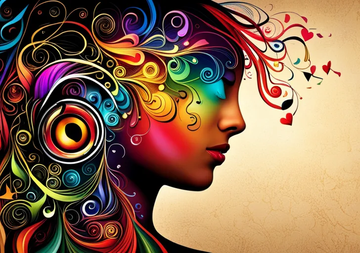 Ate a person with headphones on, eyes closed, a single tear falling, as colorful musical notes transform into symbols of love, joy, fear, and sadness, emanating from the headphones