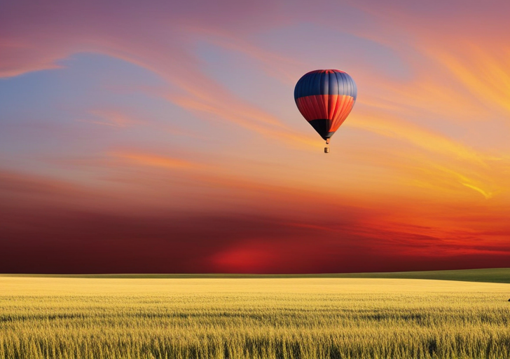 Ze a deflated hot air balloon lying on a field at sunset, with a lone figure sitting nearby, gazing at the distant, unreachable, vibrant sky