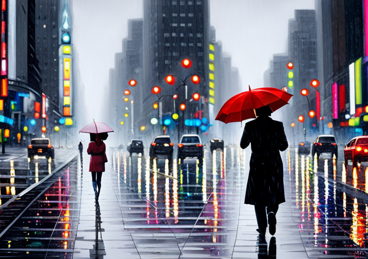 Silhouette of a person standing in the rain, holding a technicolor umbrella that shields a vibrant heart, contrasting the surrounding monochromatic cityscape