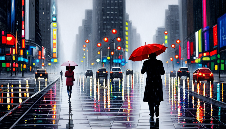 Silhouette of a person standing in the rain, holding a technicolor umbrella that shields a vibrant heart, contrasting the surrounding monochromatic cityscape