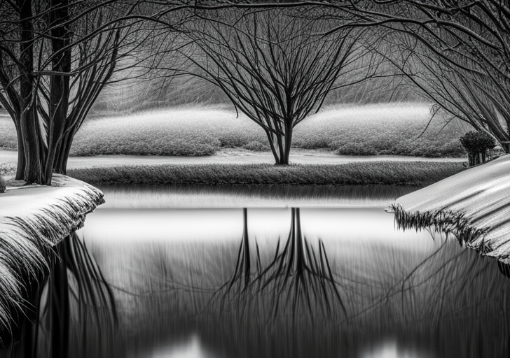 A grayscale image of a person staring at their reflection in a still pond, surrounded by towering, vibrant trees and a path leading off into the distance