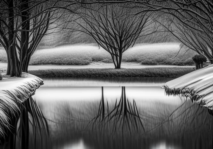 A grayscale image of a person staring at their reflection in a still pond, surrounded by towering, vibrant trees and a path leading off into the distance