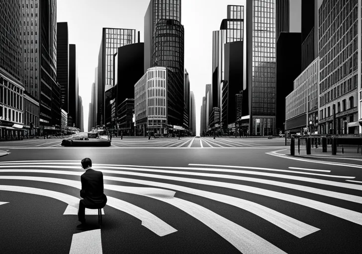 A grayscale image showing a person sitting idle at a crossroads, with vibrant, bustling roads representing 'drive' and 'ambition' diverging from them, but they're looking down, oblivious