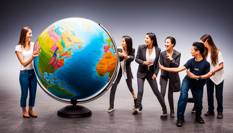 An image featuring diverse people, each holding a globe, standing on a world map, with popular landmarks in the background
