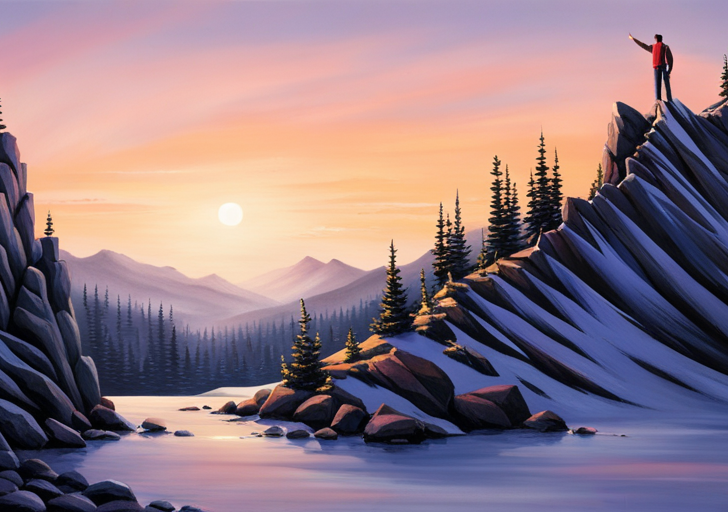 Ividual standing on top of a mountain peak, reaching confidently towards a glowing, golden star in the rich, twilight sky