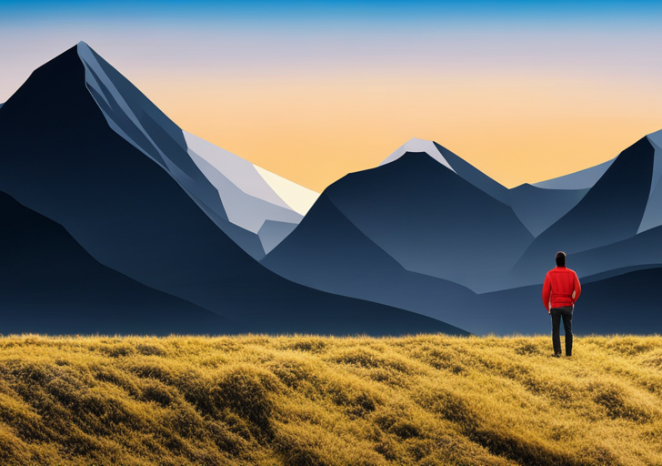 N standing at the base of a mountain, looking up at the peak, with a clear path leading upwards, and sunrise lighting up the pathway