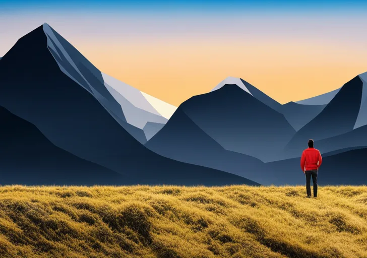 N standing at the base of a mountain, looking up at the peak, with a clear path leading upwards, and sunrise lighting up the pathway