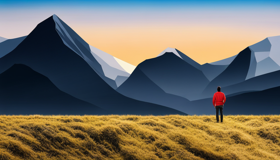 N standing at the base of a mountain, looking up at the peak, with a clear path leading upwards, and sunrise lighting up the pathway