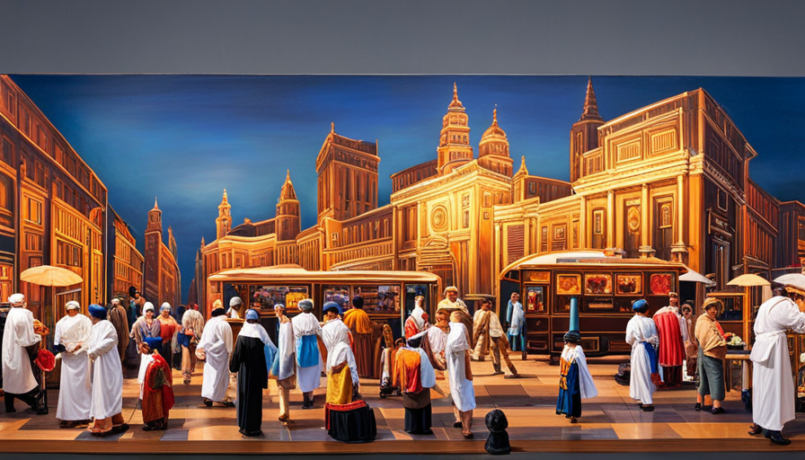 diverse group of tourists exploring an ancient cityscape, admiring traditional art, tasting local food, and participating in a cultural festival, highlighting their excitement and engagement