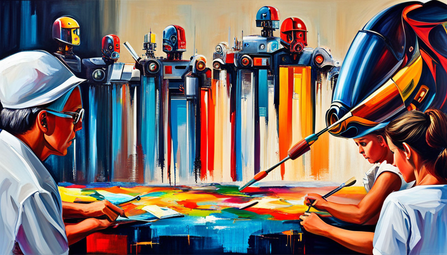 humanoid AI robot delicately holding a paintbrush, creating a sophisticated, colorful abstract painting on a canvas, with real artists observing in the background with mixed expressions