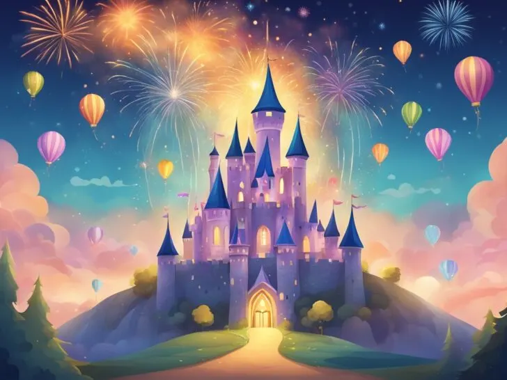 Colorful fireworks explode over a fairytale castle on a hill at night, with hot air balloons floating nearby and trees framing the scene—a magical tribute to how Walt Disney changed the world by bringing dreams to life.
