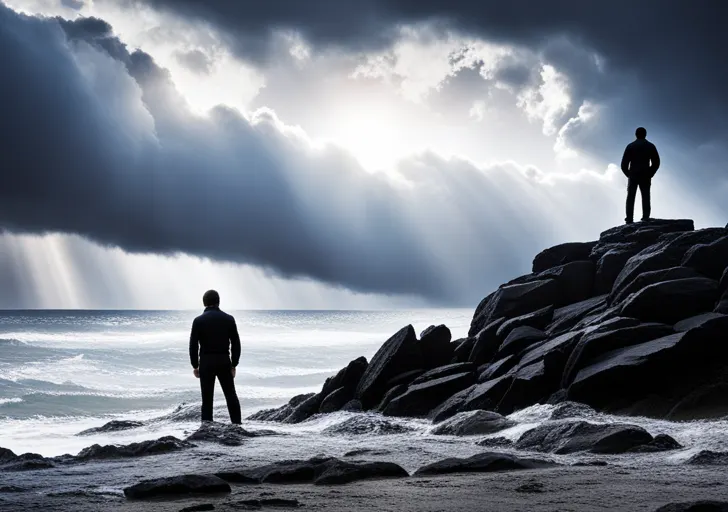 E of a human silhouette standing tall against a backdrop of a stormy sea, with the sun breaking through dark clouds overhead, illustrating the concept of resilience amid adversity