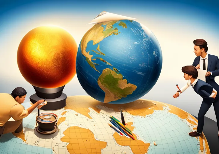 An image with two animated figures in a heated debate, standing on a globe with diverse cultural symbols, holding pencil and paper