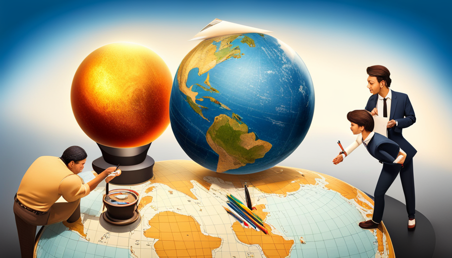 An image with two animated figures in a heated debate, standing on a globe with diverse cultural symbols, holding pencil and paper